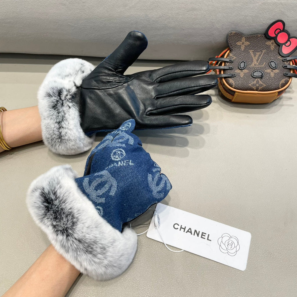 CHANEL GLOVES IN NAVY BLUE DENIM AND BLACK CALFSKIN 463798