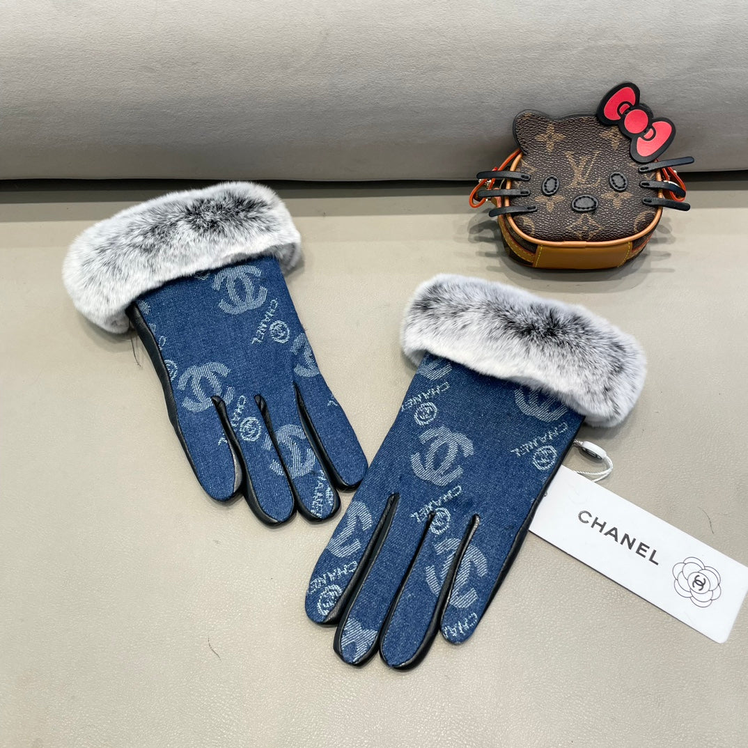 CHANEL GLOVES IN NAVY BLUE DENIM AND BLACK CALFSKIN 463798