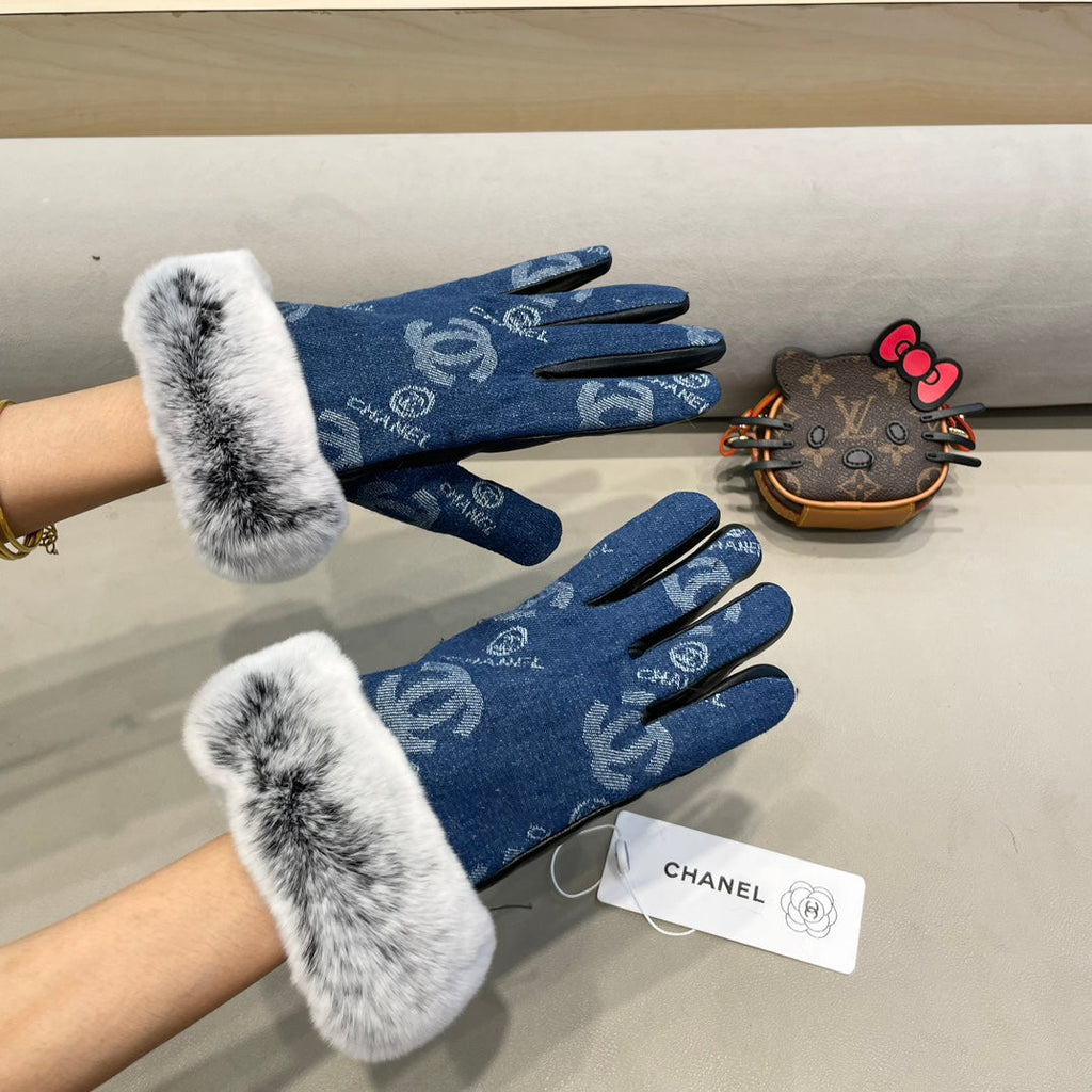 CHANEL GLOVES IN NAVY BLUE DENIM AND BLACK CALFSKIN 463798